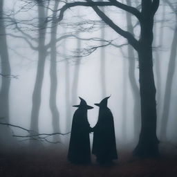 Create an image of a demon embracing a witch standing in a foggy forest