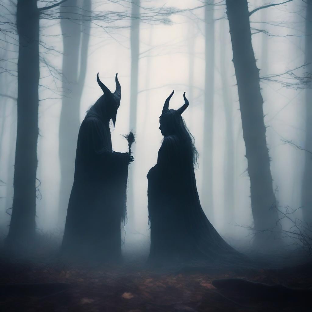 Create an image of a demon embracing a witch standing in a foggy forest