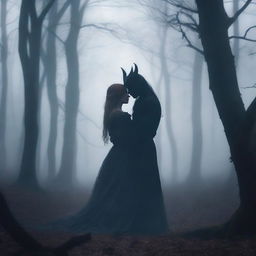 Create an image of a demon embracing a witch standing in a foggy forest