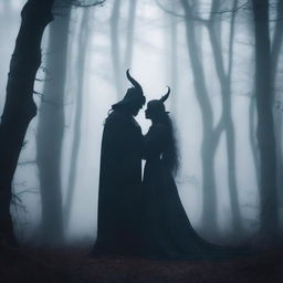 Create an image of a demon embracing a witch standing in a foggy forest