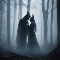 Create an image of a demon embracing a witch standing in a foggy forest