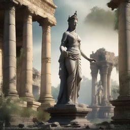 Create an image of a goddess statue standing majestically among the ruins of an ancient temple