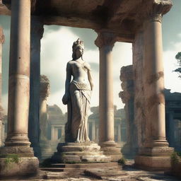 Create an image of a goddess statue standing majestically among the ruins of an ancient temple