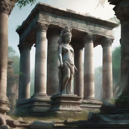 Create an image of a goddess statue standing majestically among the ruins of an ancient temple