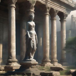 Create an image of a goddess statue standing majestically among the ruins of an ancient temple