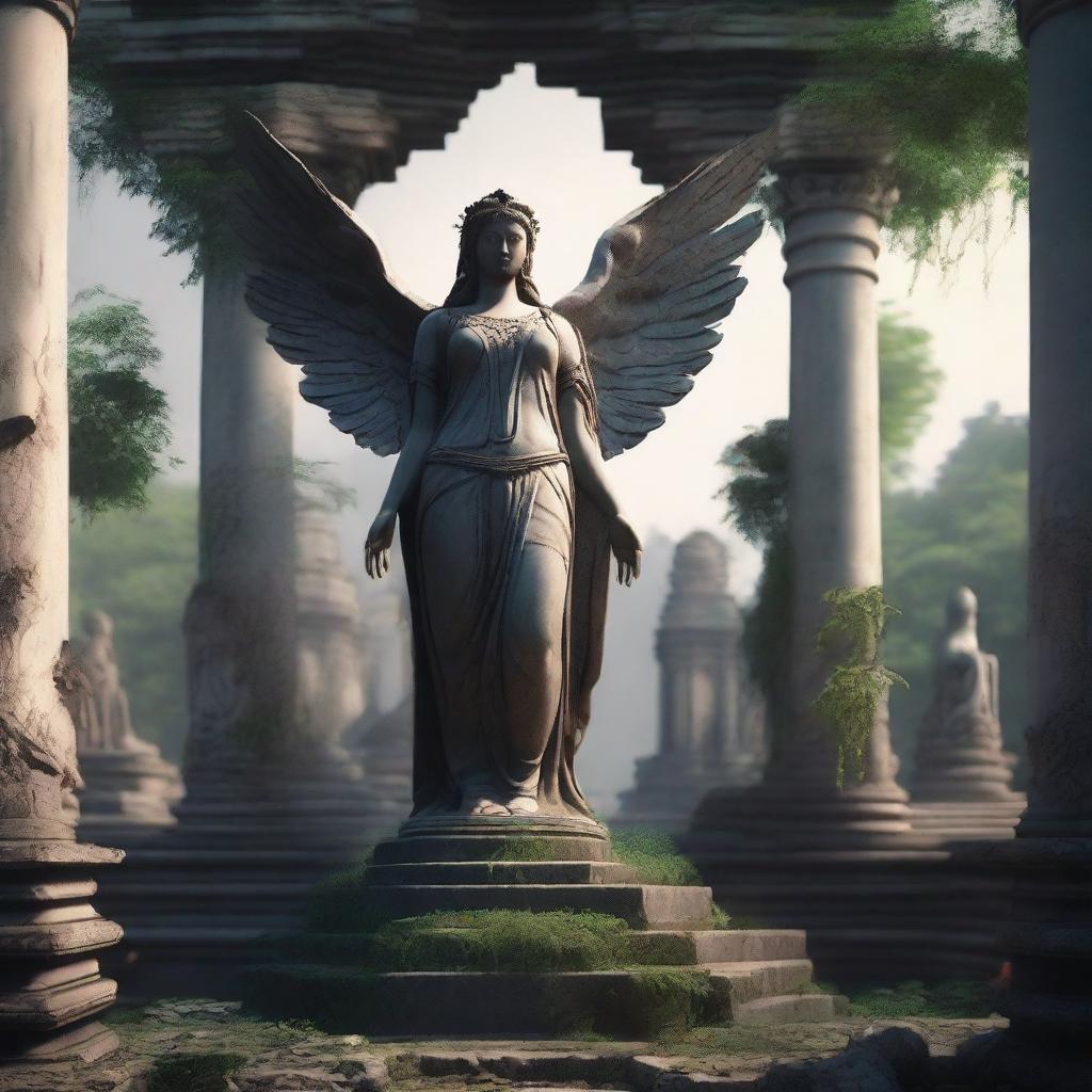 Create an image of a goddess statue with wings standing among the ruins of an ancient temple