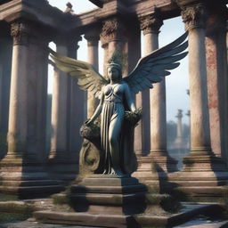 Create an image of a goddess statue with wings standing among the ruins of an ancient temple