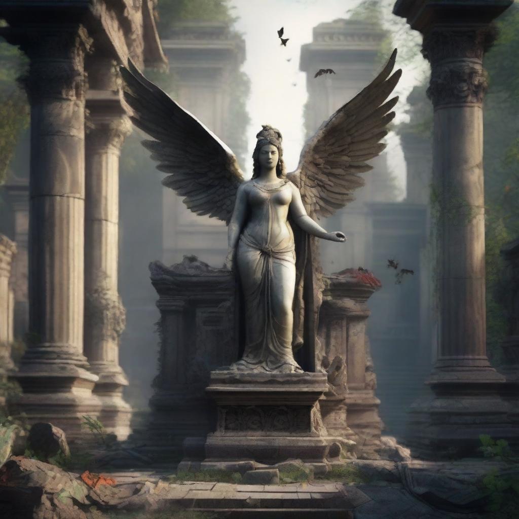 Create an image of a goddess statue with wings standing among the ruins of an ancient temple