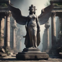 Create an image of a goddess statue with wings standing among the ruins of an ancient temple