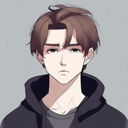 A pale, short, depressed young man with brown hair, wearing dark clothing