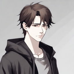 A pale, short, depressed young man with brown hair, wearing dark clothing