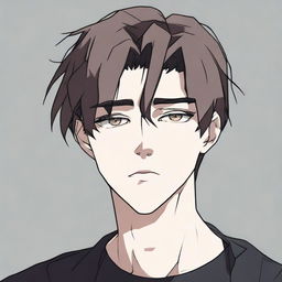 A pale, short, depressed young man with brown hair, wearing dark clothing