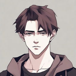 A pale, short, depressed young man with brown hair, wearing dark clothing