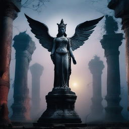 Create an image of a goddess statue with wings standing among the ruins of an ancient temple at night