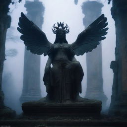 Create an image of a goddess statue with wings standing among the ruins of an ancient temple at night