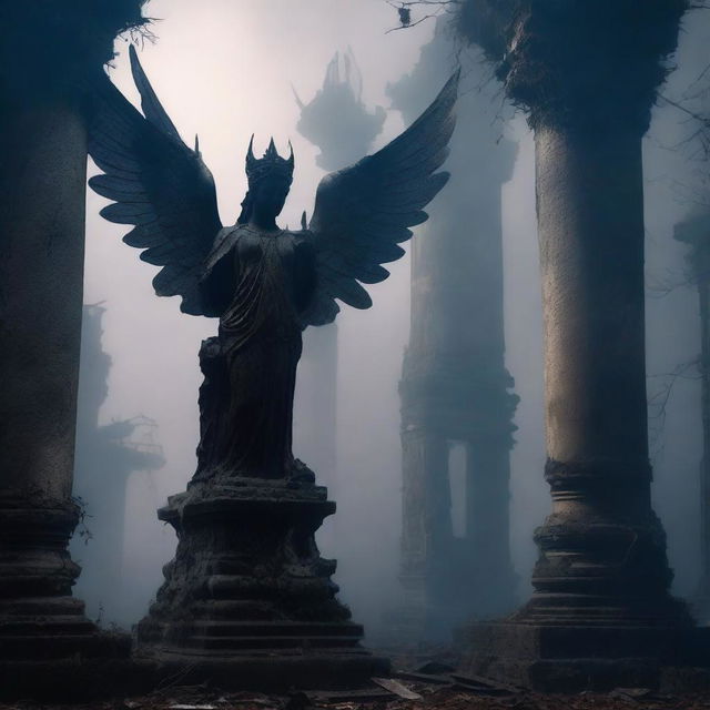 Create an image of a goddess statue with wings standing among the ruins of an ancient temple at night