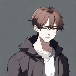 A full-body image of a pale, short, depressed young man with brown hair, wearing dark clothing