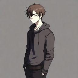 A full-body image of a pale, short, depressed young man with brown hair, wearing dark clothing