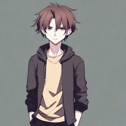 A full-body image of a pale, short, depressed young man with brown hair, wearing dark clothing