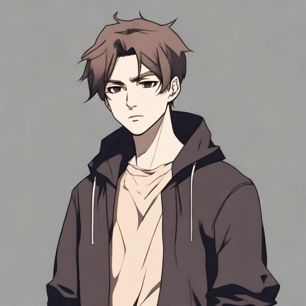 A full-body image of a pale, short, depressed young man with brown hair, wearing dark clothing