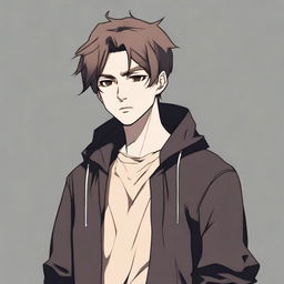 A full-body image of a pale, short, depressed young man with brown hair, wearing dark clothing