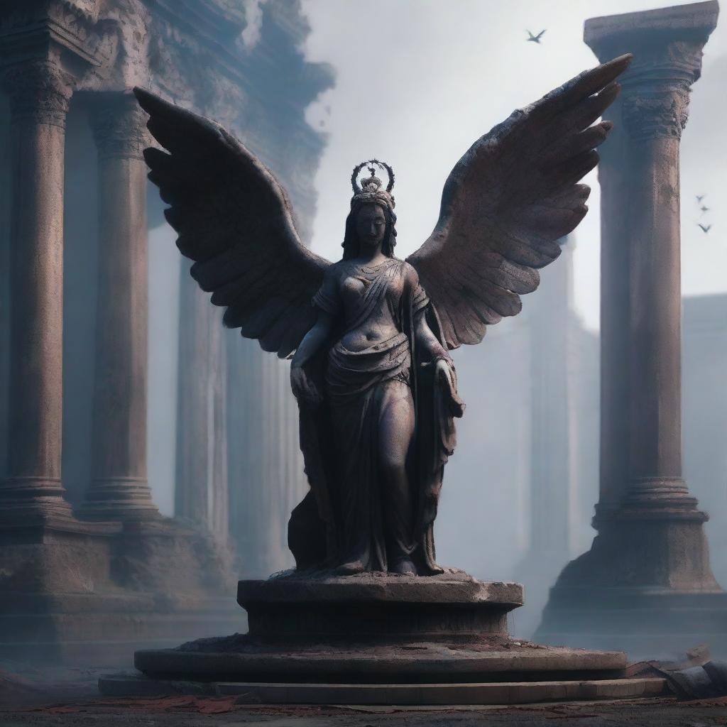 Create an image of a goddess statue with wings among a ruined temple with a blooded altar in front of it