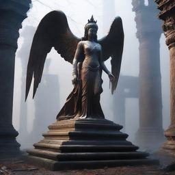 Create an image of a goddess statue with wings among a ruined temple with a blooded altar in front of it