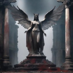 Create an image of a goddess statue with wings among a ruined temple with a blooded altar in front of it