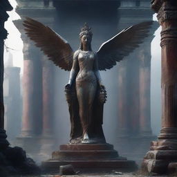 Create an image of a goddess statue with wings among a ruined temple with a blooded altar in front of it