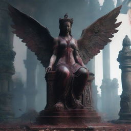 Create an image of a goddess statue with wings among a ruined temple with a bloodied altar in front of it