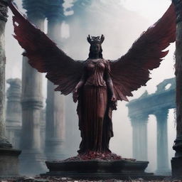 Create an image of a goddess statue with wings among a ruined temple with a bloodied altar in front of it