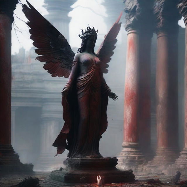 Create an image of a goddess statue with wings among a ruined temple with a bloodied altar in front of it