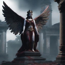 Create an image of a goddess statue with wings among a ruined temple with a bloodied altar in front of it