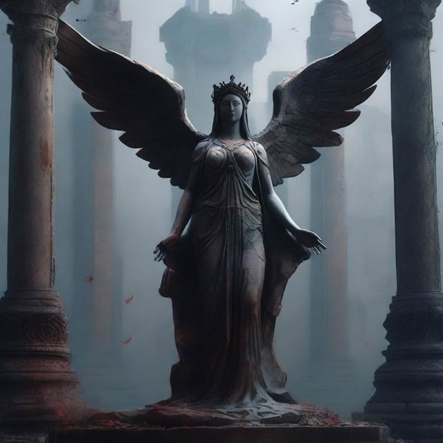 Create an image of a goddess statue with wings standing among the ruins of an ancient temple