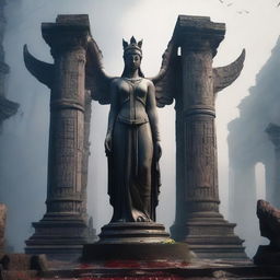 Create an image of a goddess statue with wings standing among the ruins of an ancient temple