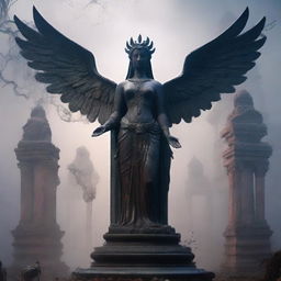 Create an image of a goddess statue with wings standing among the ruins of an ancient temple