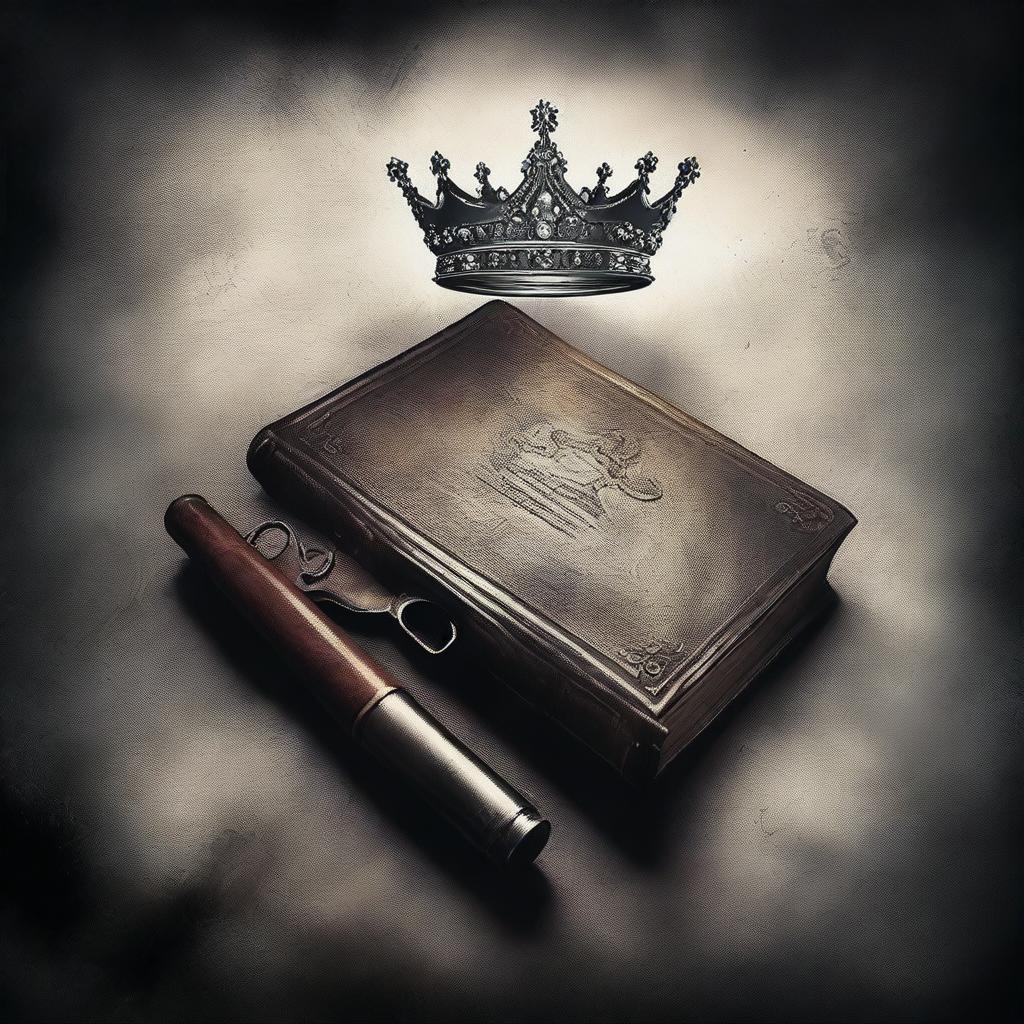 Create a dark romance book cover featuring a crown and a gun on the cover page