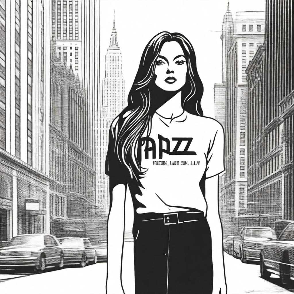 A female with long hair stands against the backdrop of New York City, and a bad boy stands nearby