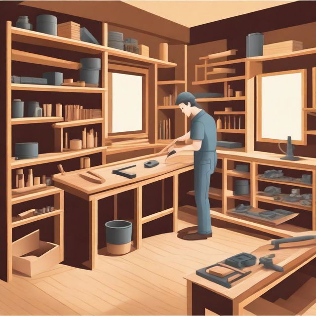 A detailed illustration of a carpentry workshop with various woodworking tools and materials