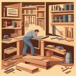 A detailed illustration of a carpentry workshop with various woodworking tools and materials