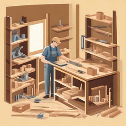 A detailed illustration of a carpentry workshop with various woodworking tools and materials