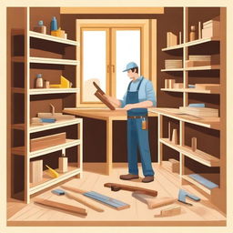 A detailed illustration of a carpentry workshop with various woodworking tools and materials