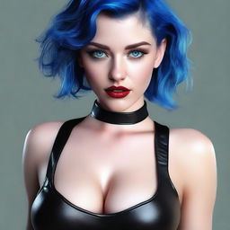 A young woman with blue eyes and short wavy blue hair