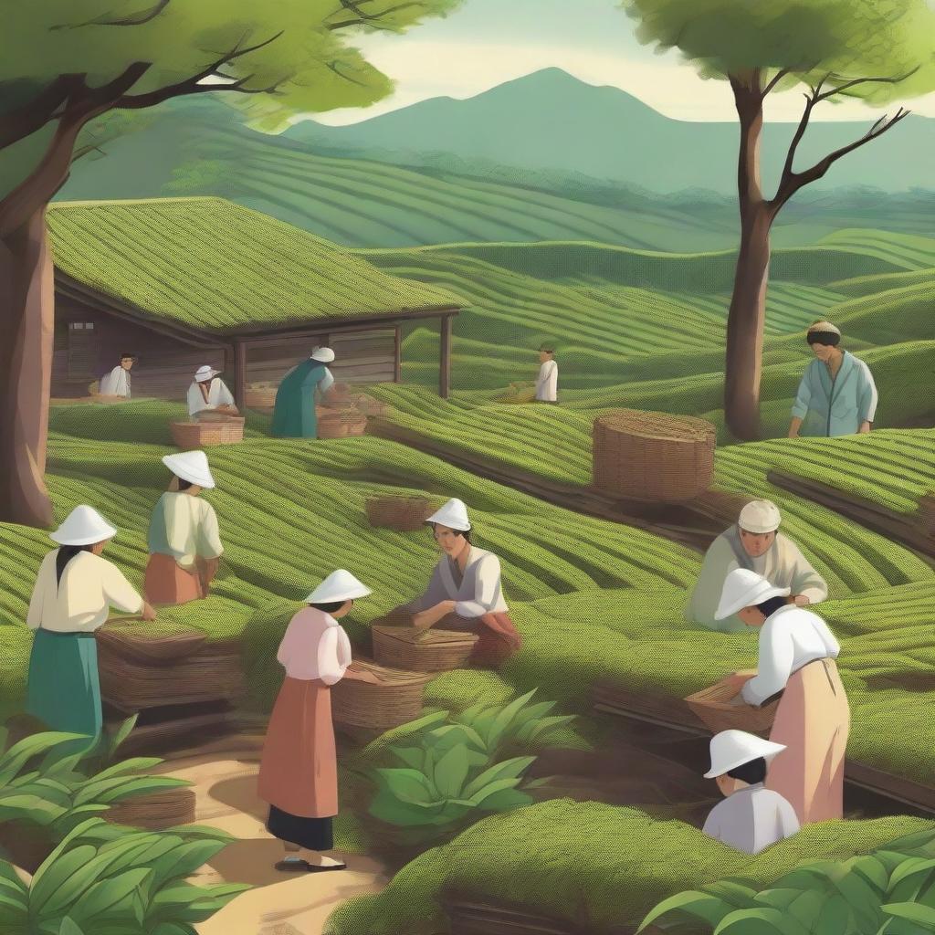 A detailed illustration of the tea manufacturing industry, showing various stages such as tea plucking, withering, rolling, fermenting, drying, and packaging