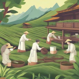 A detailed illustration of the tea manufacturing industry, showing various stages such as tea plucking, withering, rolling, fermenting, drying, and packaging