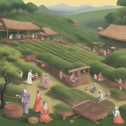 A detailed illustration of the tea manufacturing industry, showing various stages such as tea plucking, withering, rolling, fermenting, drying, and packaging