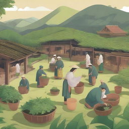 A detailed illustration of the tea manufacturing industry, showing various stages such as tea plucking, withering, rolling, fermenting, drying, and packaging