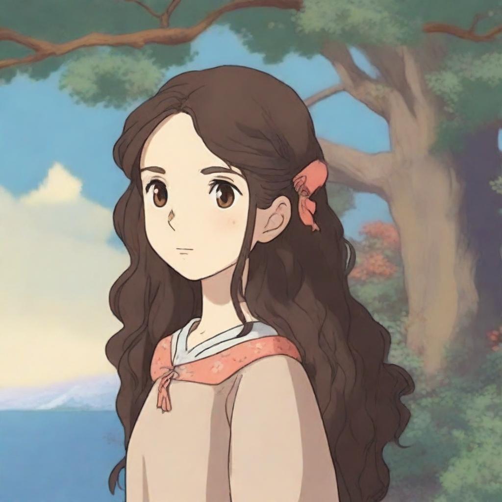 A girl with brown eyes and long, very dark brown curly hair, illustrated in the style of Studio Ghibli