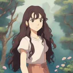 A girl with brown eyes and long, very dark brown curly hair, illustrated in the style of Studio Ghibli