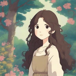 A girl with brown eyes and long, very dark brown curly hair, illustrated in the style of Studio Ghibli